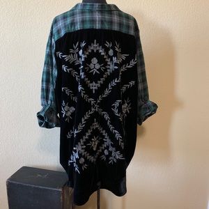 Democracy Black Velvet Button-Down Shirt with Green Plaid Sleeves